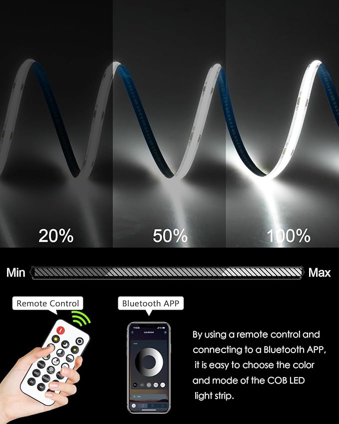 White COB Led Strip Lights 65.6FT/Roll 6500K 24V LED Light Strips with Remote Daylight White Dimmable COB LED Light Flexible LED Rope Light for Bedroom Cabinet Home DIY Lighting 480LED/M Hight Density