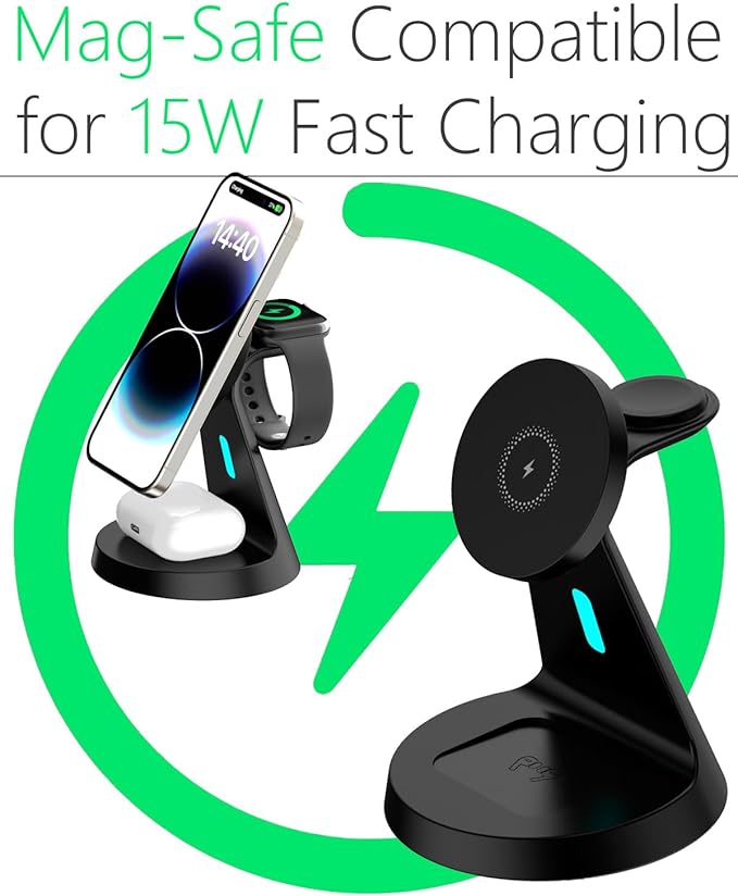 Wireless Charger Compatible with Mag-Safe,3 in 1 Charging Station for iPhone16/15/14/13/12 Series, Apple Watch,AirPods,15W Fast Charging (USB-C Adapter Included)