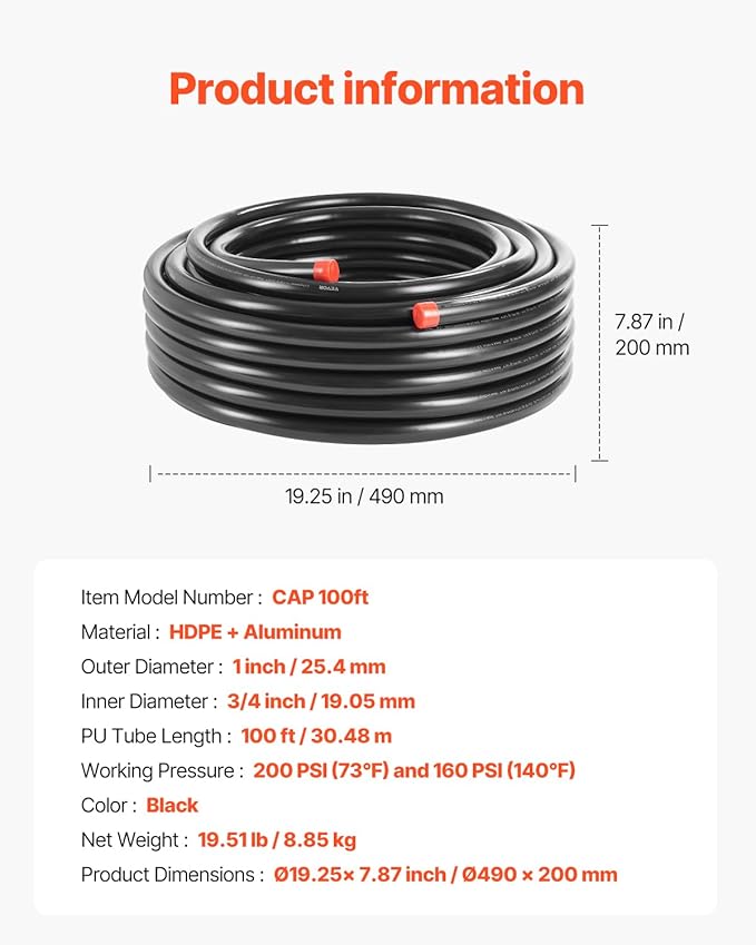 VEVOR Air Compressor Line Kit, 100FT x 3/4", HDPE-Aluminum Compressed Air Piping System, Leak-Proof, Pressure-Resistant & Easy-to-Install, Compressed Air Line Tubing Kit for Garages Workshops, Black