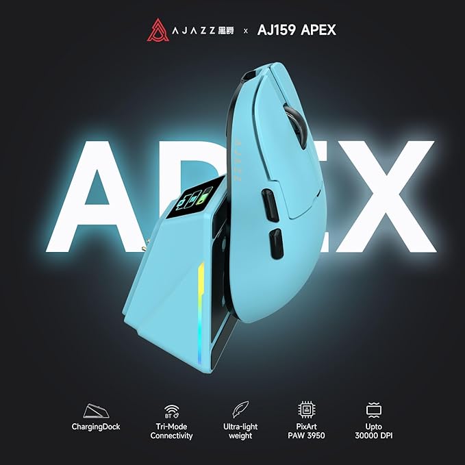DAIDAI AJAZZ AJ159 APEX Wireless Gaming Mouse 2.4G Wired BT|RGB Magnetic Screen Charging Dock|Lightweight|42K Optical Tracking|400mAh Battery |PAW3950APEX Sensor.