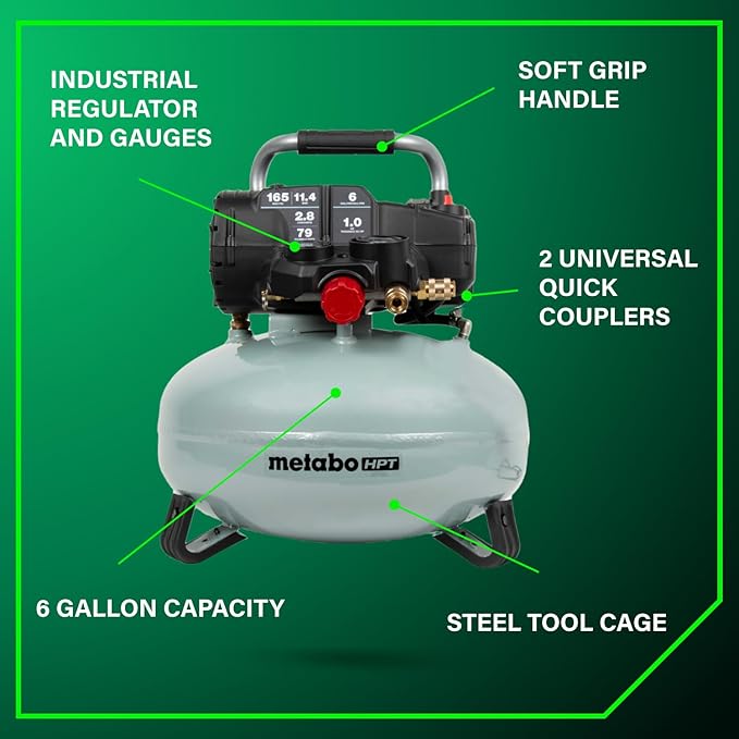 Metabo HPT Pancake Air Compressor, 6-Gallon 165PSI, Portable Air Compressor with 1.0 HP Oil-Free High Efficiency Motor, Lihghtweight, Quick Couplers for Fast Tool Changes, EC711S