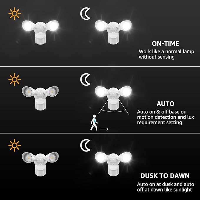 LEONLITE COB LED Security Light, Motion Sensor Flood Lights Outdoor, Aluminum, 3 Modes Motion Detector+Dusk to Dawn+Switch Control, 100-277V, Adjustable 2-Head, IP65, 3000K Warm White, ETL, White