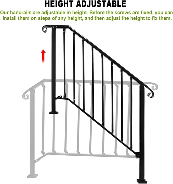 Adjustable Handrails for Outdoor Steps, Handrail Picket #3 Fits 3 or 4 Steps, Mattle Wrought Iron Handrail, Stair Rail with Installation Kit for Outdoor Steps