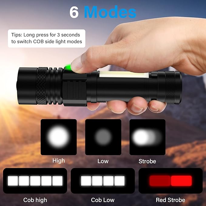 USB Rechargeable Flashlight, LED Magnetic Flashlights Super Bright Tactical Flashlights with Cob Sidelight Waterproof Zoomable 6 Modes USB Rechargeable for Camping Emergency