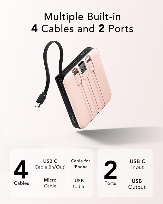 VRURC 20000mAh Power Bank Built-in Cables, Travel Essentials, Portable Charger 22.5W Fast Charging USB C Battery Pack, Phone Battery for iPhone 17 15 14 13 12 11 x Samsung Android Phone,Pink(1 Pack)