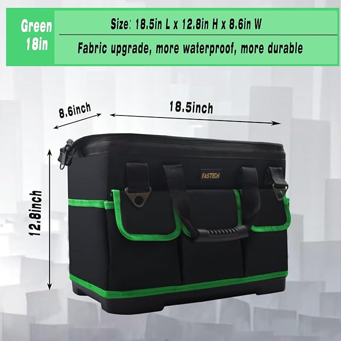 18 Inch Tool Bag With Molded Base and Comfortable Shoulder Straps, Waterproof Wide Mouth Tool Kit, Tool Storage Package For Men/Women (Green18IN)
