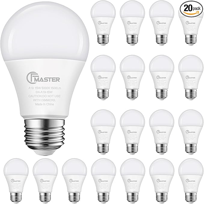 A19 LED Light Bulb, LED Bulbs 100 Watt Equivalent, 5000K Daylight Light Bulbs, 1500 Lumens, E26 Standard Base Lightbulb, Non-Dimmable 15W Bright White Bulbs for Home, ETL Listed(20-Pack)