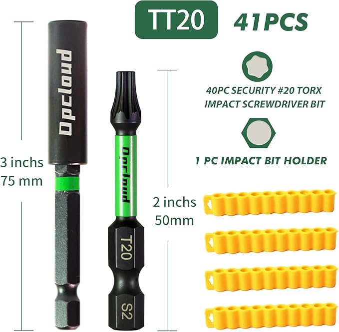 T20 Impact Screwdriver Bit Set, 41 Pieces 2”S2 Steel Magnetic #20 Torx Tips Driver Power Bit Set with Extension Impact Bit Holder