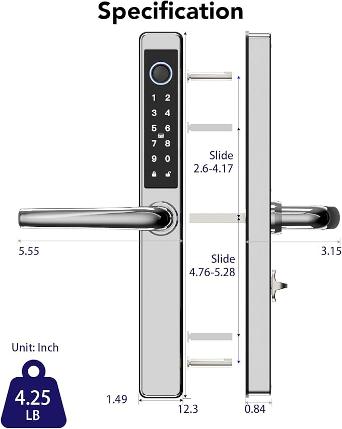 Electronic Smart Door Lock Fingerprint Door Lock with Keypad，Smart Lock for Front Door Children Proof Deadbolt IC Card, App Control & Mechanical Key 40–90mm Multipoint Locks (OSP Mirror Silver)