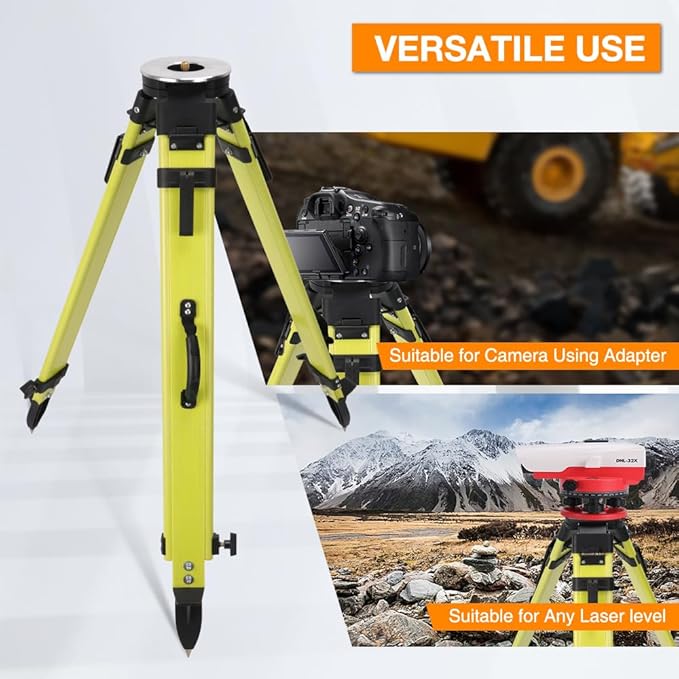 Fiberglass Surveying Tripod, Heavy Duty Green Fiberglass and Wood Tripod with Dual Clamp and Copper Center Screw for Robotic Total Stations and Theodolite (Round Head-A)