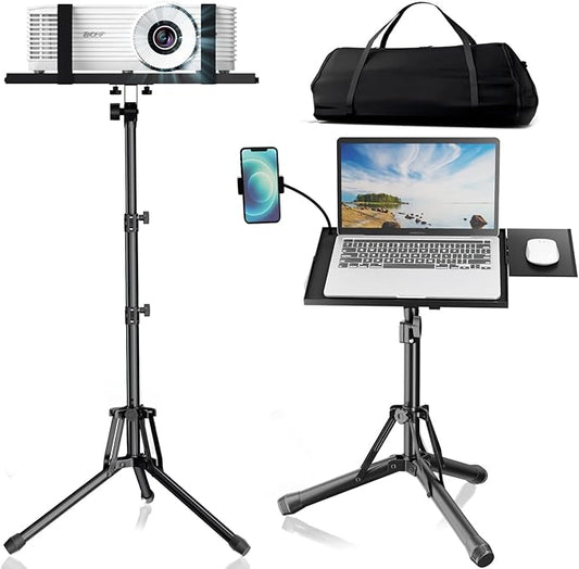 Projector Stand Tripod Adjustable Height 20 to 60 Inch, Portable Laptop Tripod with Gooseneck Phone Holder ＆ Mouse Tray, Projector Stand Outdoor Laptop Floor Stand for Podium,Studio, DJ Racks