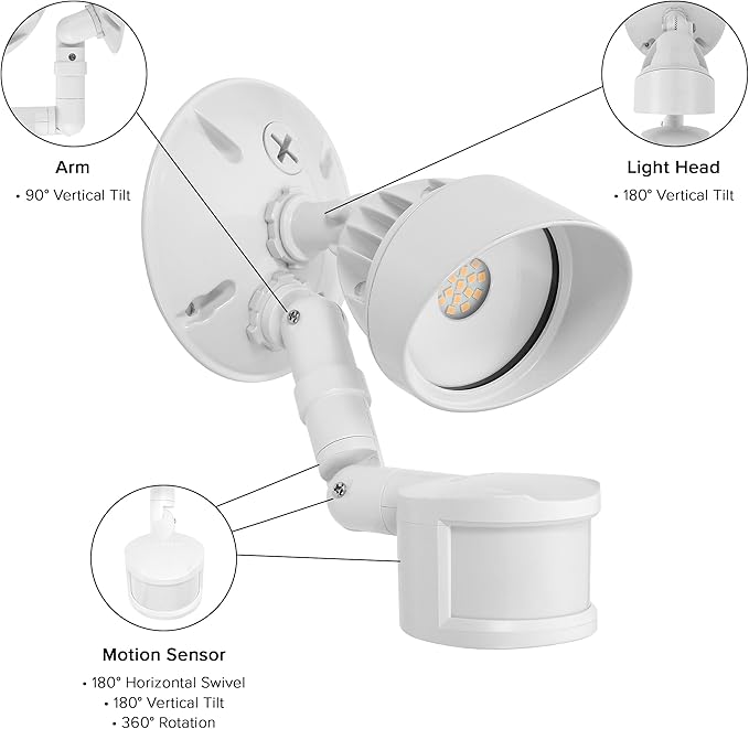 Maxxima LED Outdoor Flood Wall Light, Exterior Security Light with Adjustable Head, 950 Lumens, Featuring Motion Sensor and Dusk to Dawn Sensor, 3000K Warm White, White Fixture