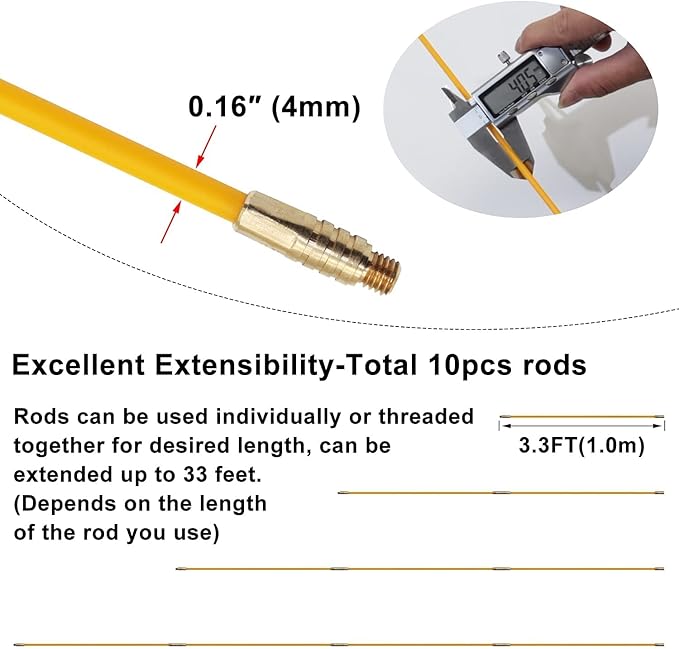 33' Fiberglass Running Electrical Wire Cable Pulling Fish Tape kit with 5 different attachments in a Carrying Case