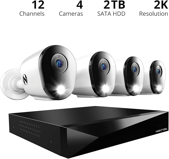 Night Owl 2-Way Audio 12 Channel DVR Video Home Security Camera System with (4) Wired 2K HD Indoor/Outdoor Deterrence Cameras and 1TB Hard Drive (Add up to 4 More Wired and 4 Wi-Fi Cameras)