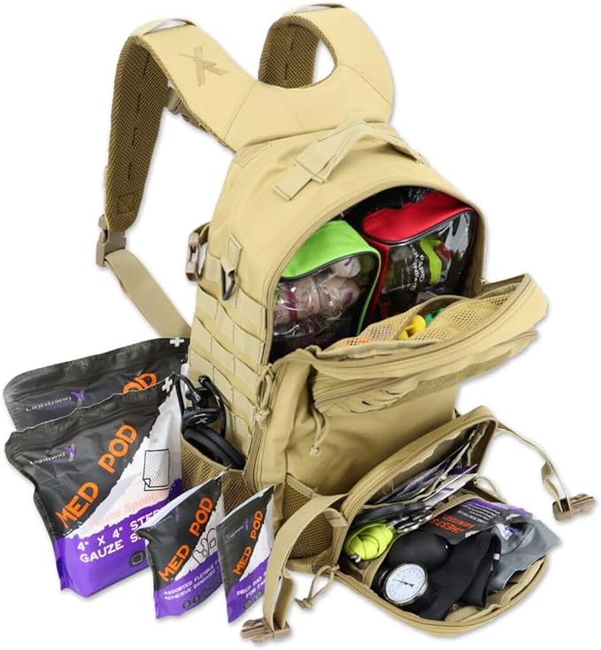 Lightning X Stocked Modular Trauma & Bleeding First Aid Responder Medical Backpack + Kit - TAN
