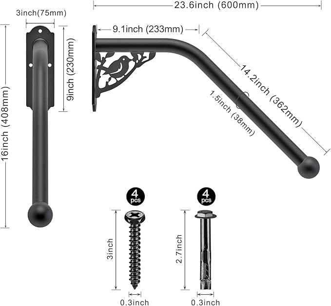 SELEWARE Fully Welded Staircase Handrail Iron Handrail Indoor Outdoor Steps Garage Railing Safety Grab Bar for Elderly Bird Shaped 24'' Length 1.3'' Dia