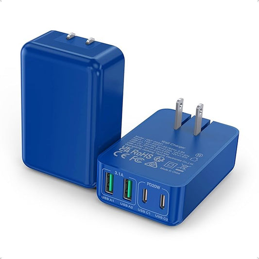 [2-Pack] Flat USB C Wall Charger,40W Fast USB C Charger Block,4-Port PD Power Adapter +QC Wall Plug Multiport Type C Charging Block Cube Compatible with iPhone 16 15 14 13 12 11 Pro Max XR XS 8(Blue)