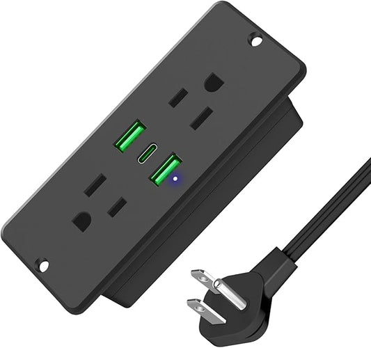 HHSOET 5 in 1 Recessed Power Strip Flat Plug, 45W Fast Charging Furniture Outlet with USB, Conference Recessed Socket with 2 AC Plugs, 2 USB Ports 1 USB-C, 6ft Power Cord. (Black)