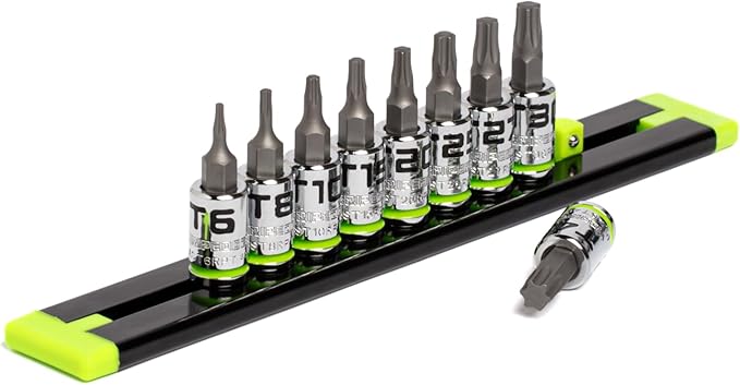 GRIPEDGE Tools | 9PC RPT Star Driver Set | Sizes T6 - T40 | 1/4'' Drive | Made With S2 Steel | Includes Premium Aluminum Socket Rail |
