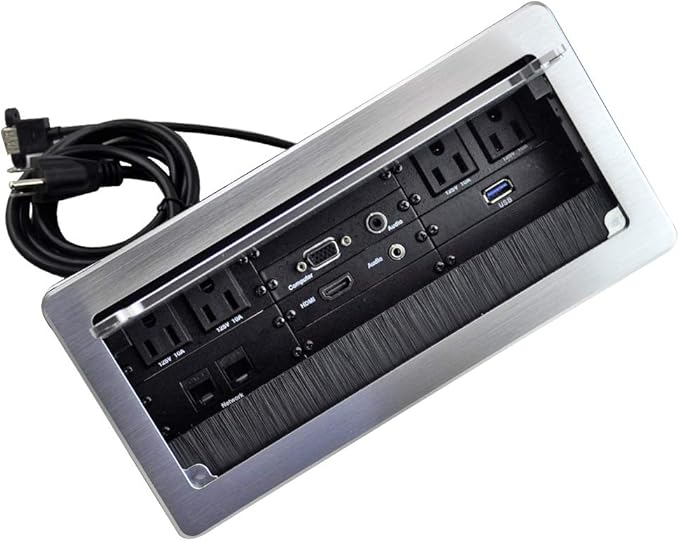 Table Recessed Power Brush Connectivity Box Outlet Power Strips with 4 AC Power + 2 RJ45（CAT6） + 2 Audio 3.5mm + 1 VGA + 1 HDMI + 1 USB 3.0 (Female to Female) with 5.58ft Power Cord (Silver)