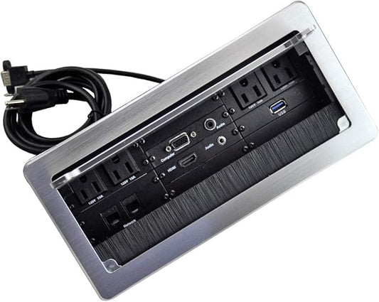 Table Recessed Power Brush Connectivity Box Outlet Power Strips with 4 AC Power + 2 RJ45（CAT6） + 2 Audio 3.5mm + 1 VGA + 1 HDMI + 1 USB 3.0 (Female to Female) with 5.58ft Power Cord (Silver)