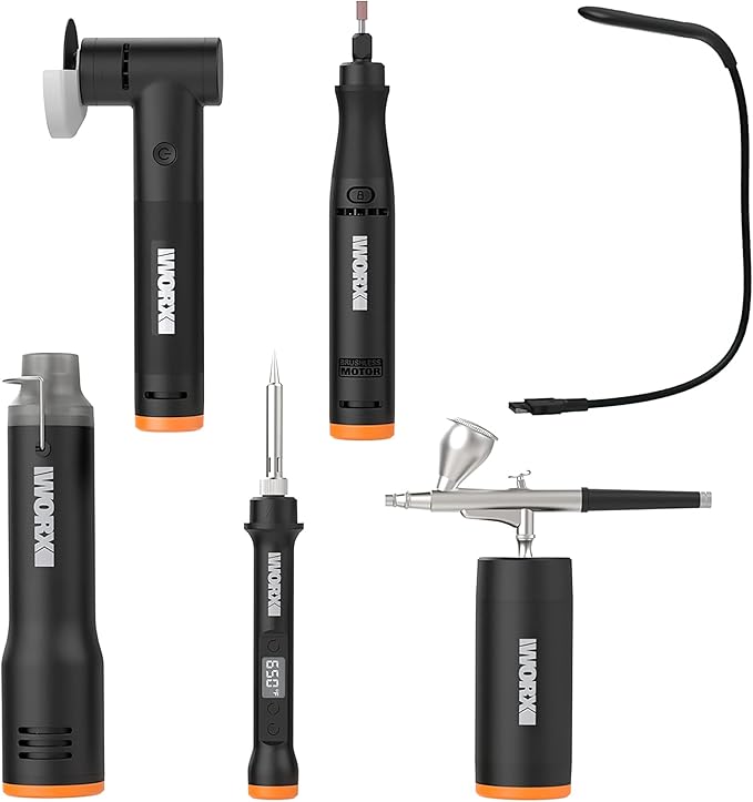 WX996L Crafting Tool Combo Kit - Rotary Tool, Wood and Metal Crafter, Airbrush, Heat Gun, Grinder and LED Flex Light in Carry Bag