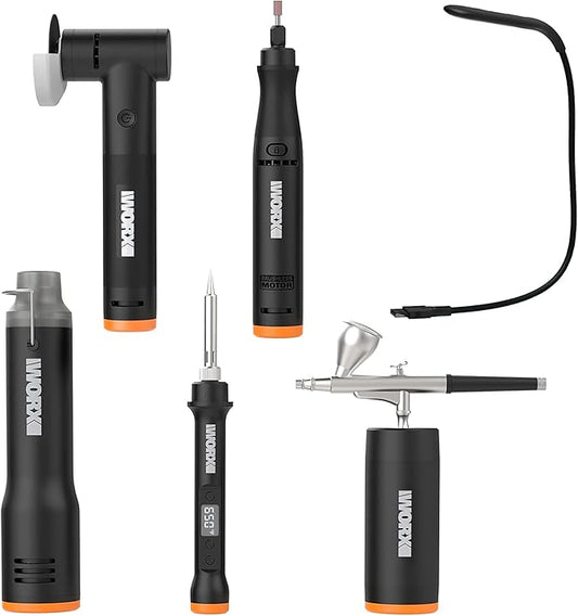 WX996L Crafting Tool Combo Kit - Rotary Tool, Wood and Metal Crafter, Airbrush, Heat Gun, Grinder and LED Flex Light in Carry Bag