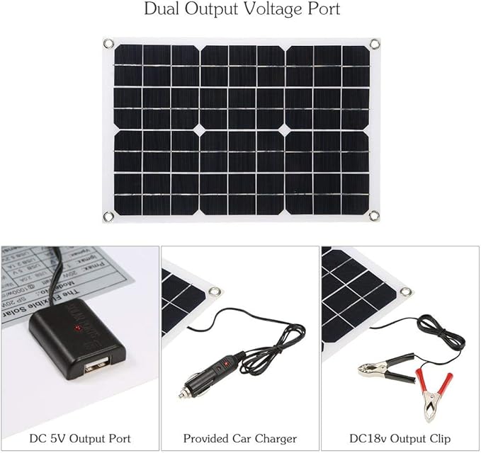 Lixada Solar Panel Charger USB Port Portable High Power Monocrystalline Solar Panel Phone USB Devices Charger & Car Battery Charging Clip Line for Cell Phone Camping RV Boat Marine - 20Watt