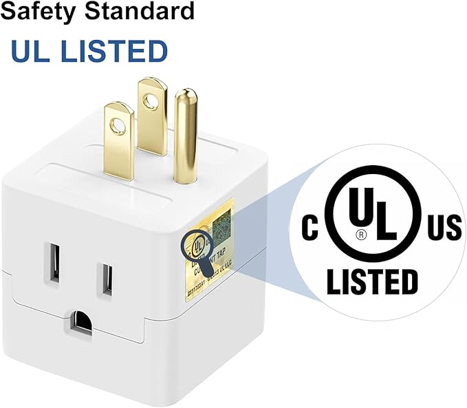 Outlet Splitter 3 Prong,3 Outlet Wall Adapter,Cube Tap Plug Extender,3 Way Wall Outlet Adapter,Multiple Plug Expander,UL Listed,White,2 Pack