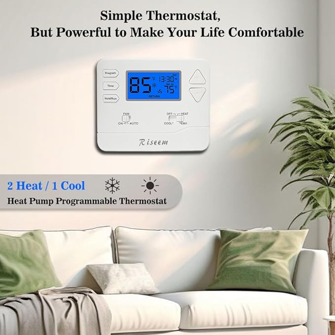 Thermostat for Heat Pump,Programmable Thermostat for Home,Single-Stage Systems,2 Heat/1 Cool Heat Pump Or 1 Heat/1 Cool,Easy DIY Install,Blue Backlight