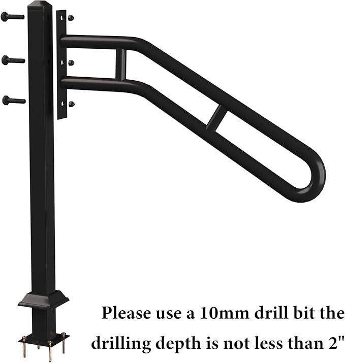 Single Post Handrail for Outdoor 1-3 Steps, Metal Bent Stair Handrails, Floor Mounted Wrought Iron Stair Railing, Sturdy U-Shaped Post Grab Rails with 2 Anti-Skid Crossbar for Garage, 32" L x 35.8" H