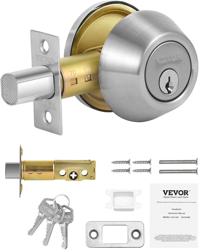 VEVOR Deadbolt Lock, Round Single Cylinder Dead Bolt, Keyed 1 Side, Fits Standard Size Interior and Exterior Doors, Full Metal, with 3 Keys, for Front Entry Door Residential Security, Satin Nickel