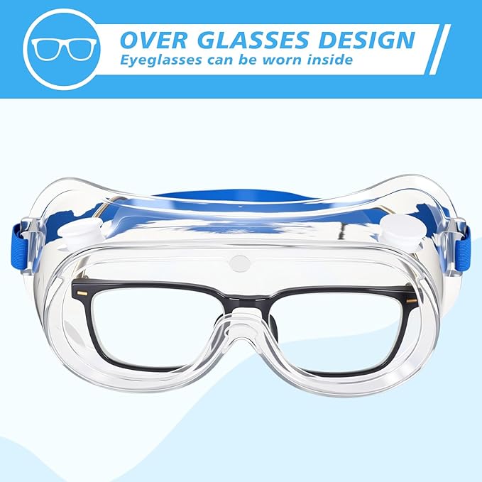 Yunsailing 30 Pack Protective Safety Goggles Clear Lab Over Glasses Anti Fog Eye Protection Goggles for Men Women (Clear Blue)