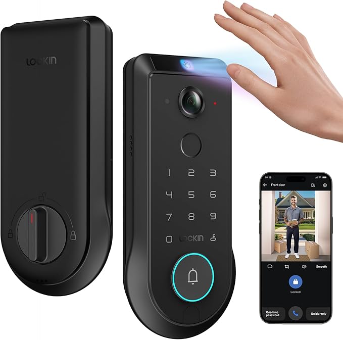 Lockin Veno Pro Palm Vein Video Smart Lock with 2K 180° Camera, Fingerprint Recognition, AI Motion Detection, IP65 Weatherproof, Remote App Control, 32GB Built-in Storage, No Monthly Fee