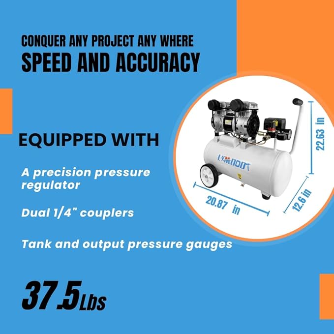 Portable 8 Gal Aluminum Tank Air Compressor, Rustproof, Lightweight at Only 37.5 Pounds, Efficiency Dual Air Intakes, Quiet Air Compressor, 68dB, Ideal for DIY, Home & Garage Applications