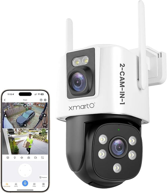 xmartO [WiFi 6 Dual-Lens Camera] 2-in-1 QHD WiFi Home Security Camera with AI Tracking, Pan Tilt Zoom, 5G/ 2.4G Dual Band, Bluetooth Easy Setup (Add-on CAM to NVR, Also Works Standalone)