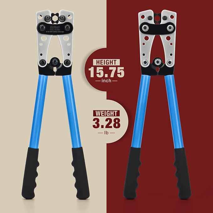 iCrimp Battery Cable Lug Crimping Tool Kit For Copper Lugs Awg 8-1/0,Battery Cable Crimper with Stripper 24pcs Copper Battery Lugs and 10pcs Heat Shrink Tubes, Include Wire Cutter