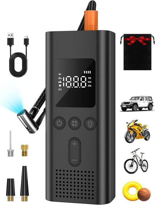 AIRSURE Tire Inflator Portable Air Compressor, 150 PSI Fast Inflation Cordless Air Pump with LED Light, Auto Shut-Off, Rechargeable Battery for Car, Motorcycle, Bike, and Sports Balls