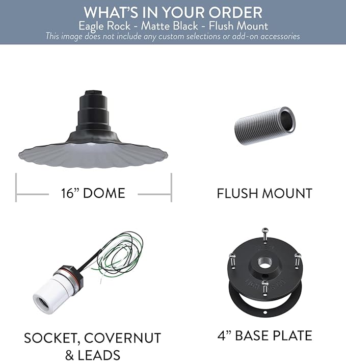 Steel Lighting Co. Eagle Rock Pendant | Ceiling Mounted Light | 16 inch Radial Wave | Flush Mount | Heavy Duty Steel Retro Farmhouse Style Made in America | Matte Black Exterior/White Interior