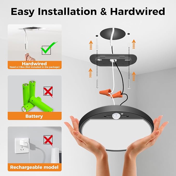 slochi Motion Sensor Light Indoor Hardwired PIR, 3000K/4000K/6500K LED Closet Lights Motion Sensored, 15W 1500LM 7 in, Timer, Motion Activated Flush Mount Ceiling Light for Hallway Wall Pantry, Black