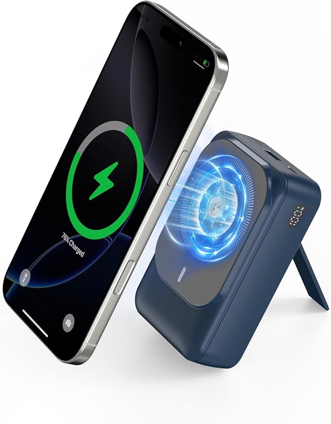 Magnetic Wireless Power Bank 26800mAh, PD 22.5W Type-C Fast Charging Portable Charger 5 Outputs, Battery Pack for Magsafe Built in Cables with Stand LED Display for iPhone 16/15/14/13/12 Series-Blue