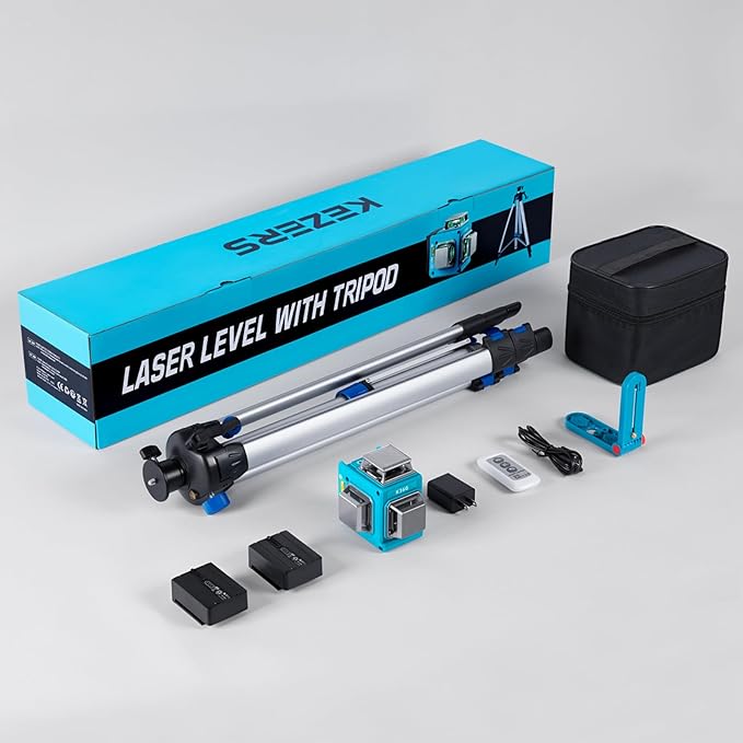 KEZERS Laser Level with Tripod,3 x 360 Self Leveling Laser Leveler tool for Picture Hanging,Construction,Remote Controller,Rechargeable Battery,Carry Pouch Included
