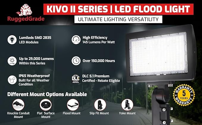 RuggedGrade 50W LED Flood Light | Kivo II Series | 7,150 Lumens | Color Selectable 3000K/4000K/5000K | Outdoor Waterproof Security Light | Knuckle Conduit Mount | DLC 5.1 Premium