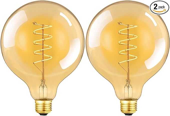 Leools Vintage LED Spiral Filament Bulb G125 Dimmable Flick-Free 6W CRI95 LED Edison Globe Light Bulb E26 Base,Amber Glass,Warm White,2200K, 500LM(60W Equivalent), Pack of 2