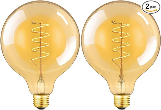 Leools Vintage LED Spiral Filament Bulb G125 Dimmable Flick-Free 6W CRI95 LED Edison Globe Light Bulb E26 Base,Amber Glass,Warm White,2200K, 500LM(60W Equivalent), Pack of 2