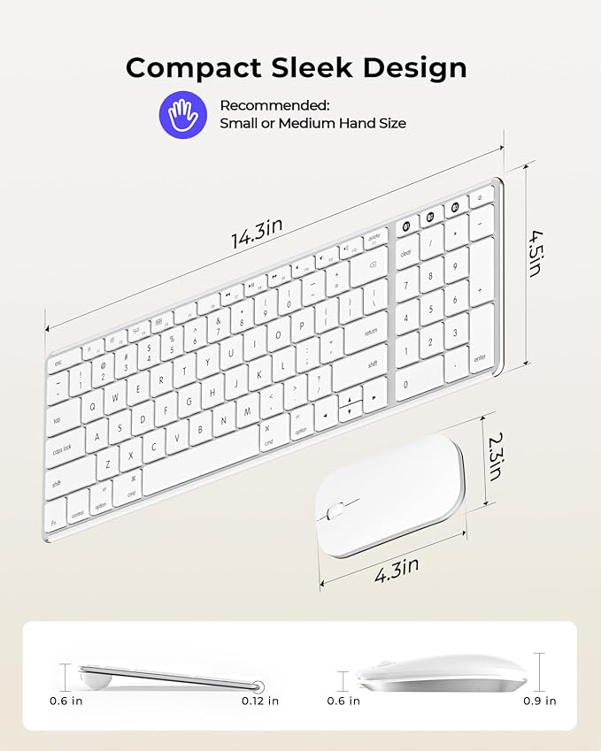 seenda Bluetooth Keyboard and Mouse for Mac, SKM64-2 Multi-Device Rechargeable Slim Wireless Keyboard Mouse Stainless Steel Full Size, Compatible with MacBook Pro/Air, iPad, Mac - White Silver