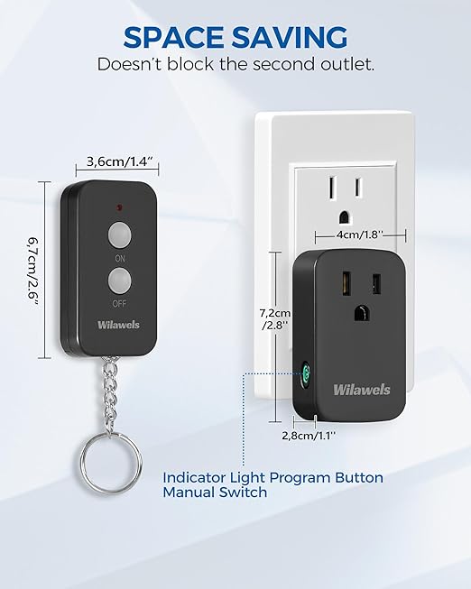 Remote Control Outlet Plug Wireless On Off Power Switch, Black Remote Light Switch Wireless for Lamp, Light, Fan, Programmable, Portable, 100ft RF Range, FCC Certified, Battery Included H02RC1106