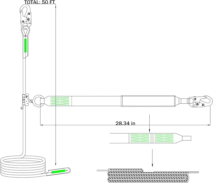 50FT Vertical Lifeline Assembly with Alloy Steel Anti-Panic Rope Grab Snap Hook Shock Absorb Lanyard, Fall Protection Rope Safety Climbing Equipment Roofing Safety Kit, CE ANSI OSHA Rated