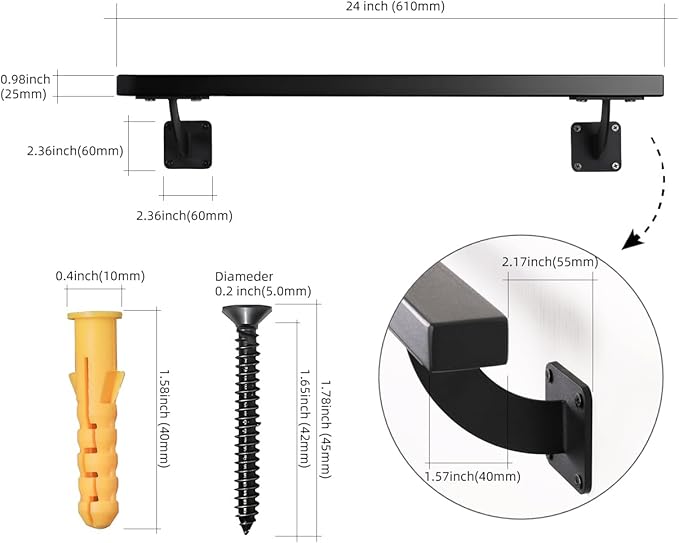 2 FT Heavy Duty Black Metal Staircase Handrail Indoor Stair Railing - 24 Inch Wall Mount Iron Pipe Hand Rails for Indoor & Outdoor, Banister Steps Rail Safety Wall Grab Bar for Seniors