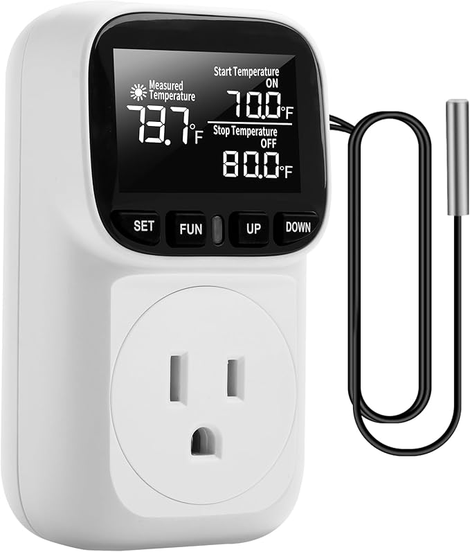 Diymore 1800W Digital Temperature Controller Plug in Thermostat Outlet Digital RV Thermostat Heating Cooling Mode Timer 15A /120V -104℉~210℉ for Greenhouse Incubator Homebrew Pool Thermometer